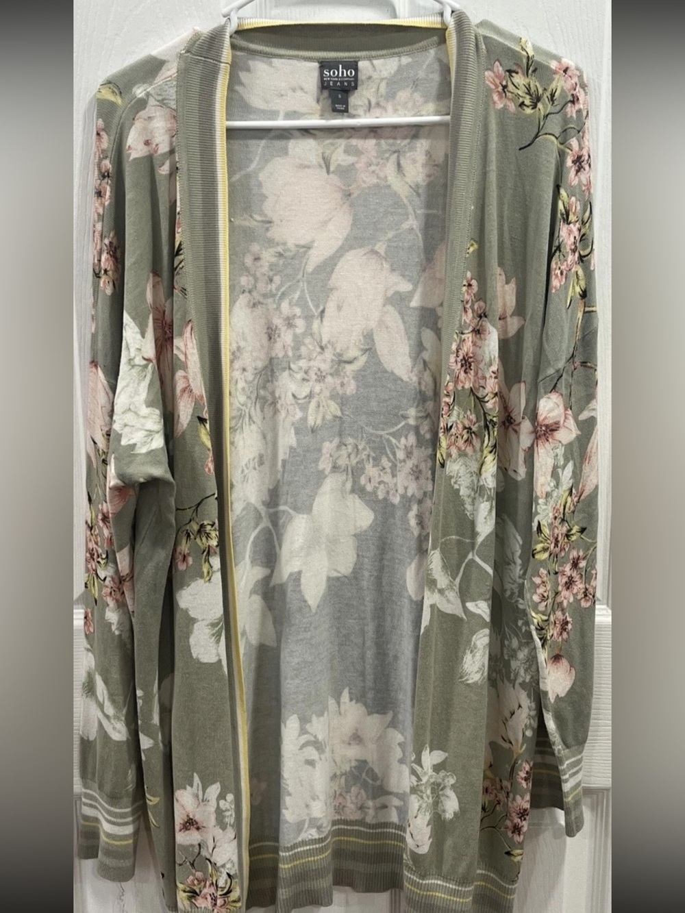 Soho Jeans Floral Duster Cardigan Open Front Boho Sage Green Women’s Small